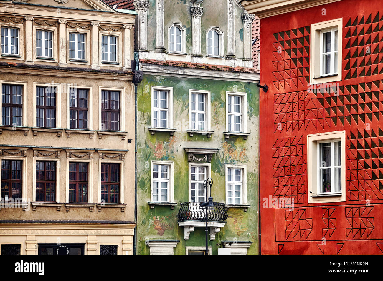 Old buildings facades in the Poznan Old Market Square, Poland. Stock Photo
