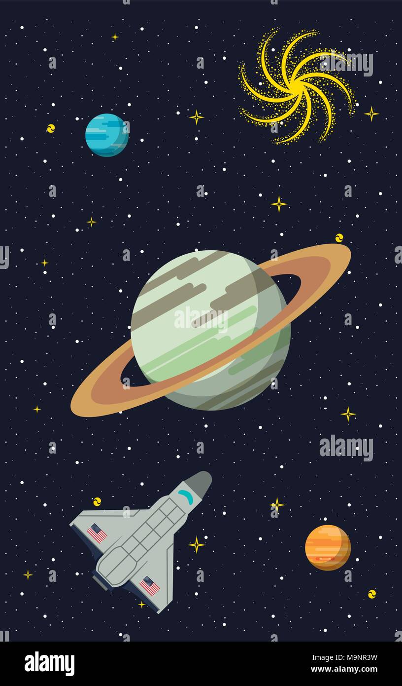 Spaceship flying around saturn Stock Vector