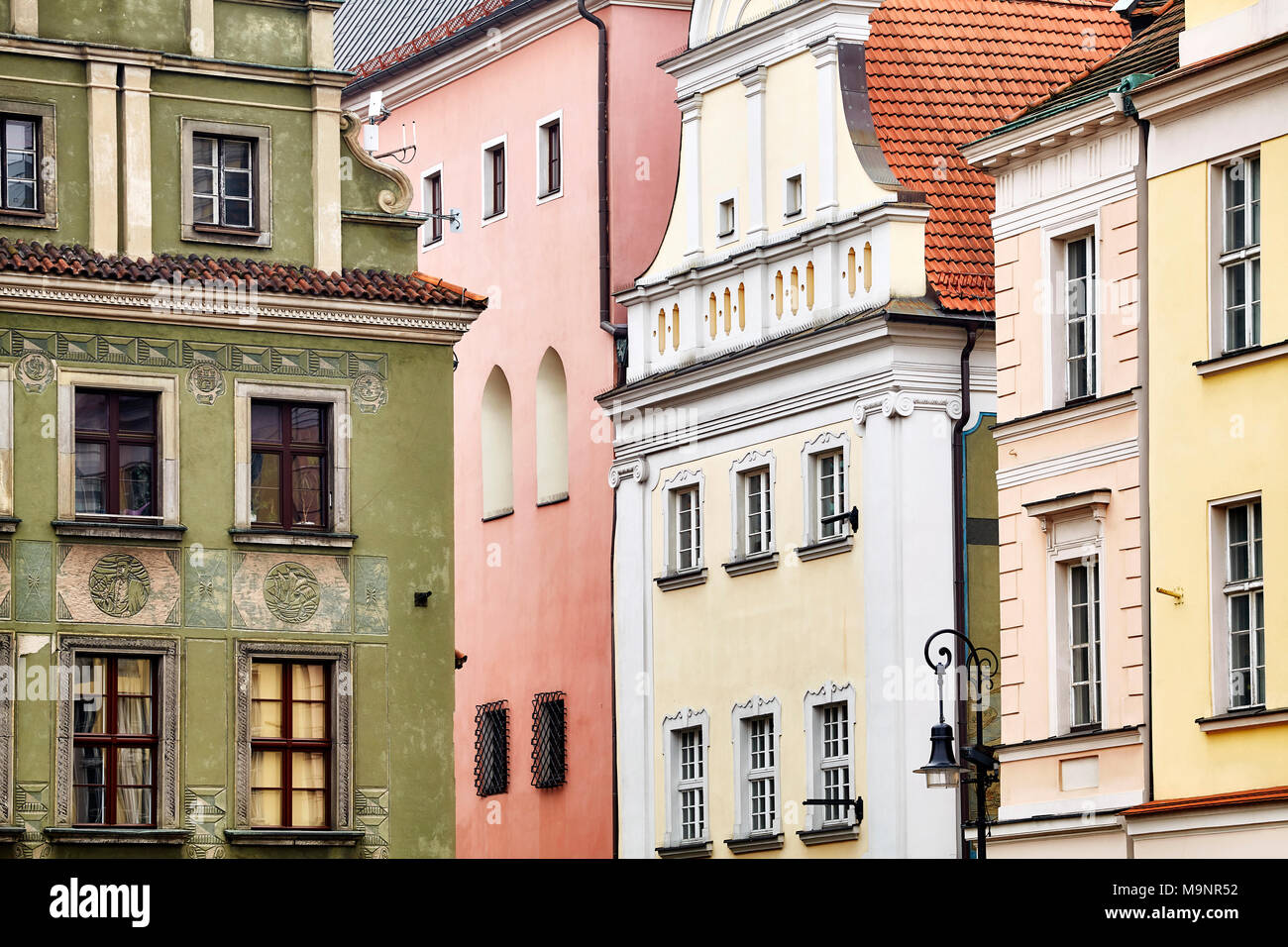 Old buildings facades in the Poznan Old Market Square, Poland. Stock Photo