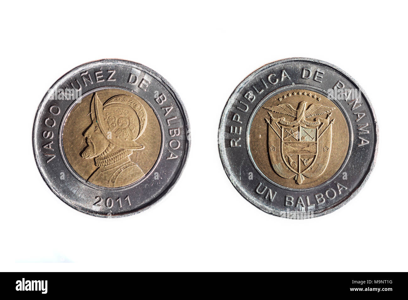 front and back of panamanian coin of one balboa on white background Stock Photo