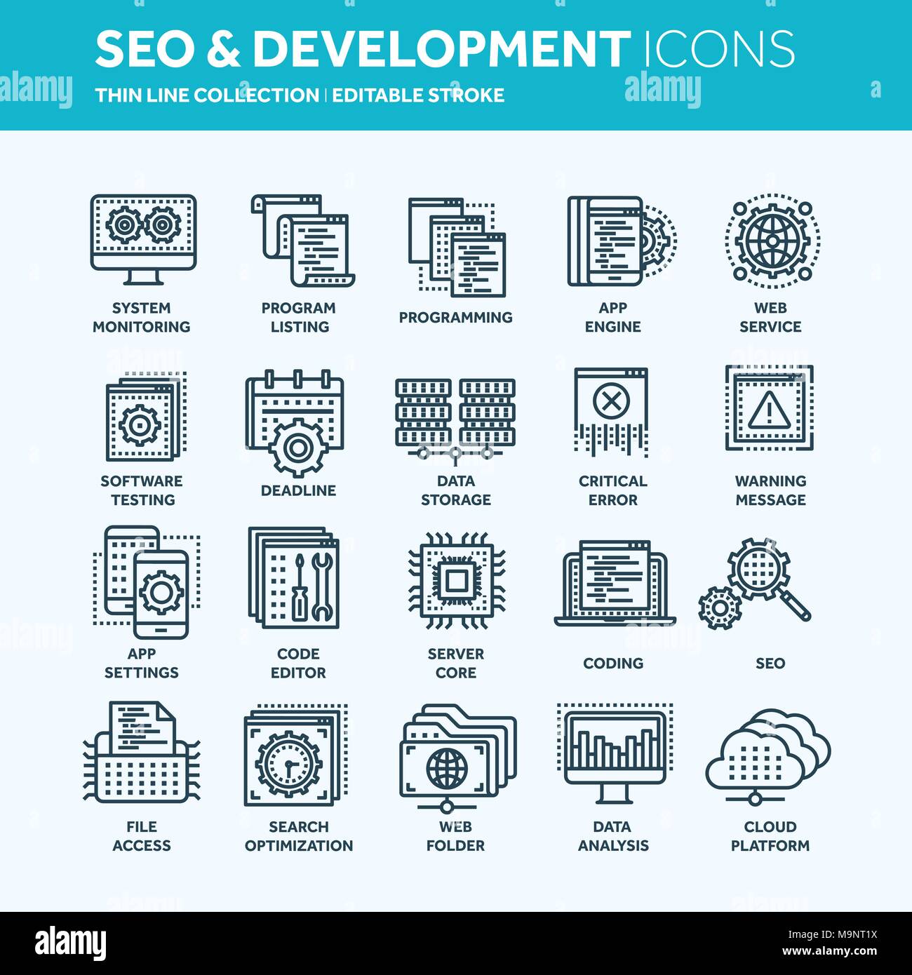 SEO icons set with HTML code, pay per click, website protection and other  loading speed elements. Isolated vector illustration SEO icons. Stock  Vector