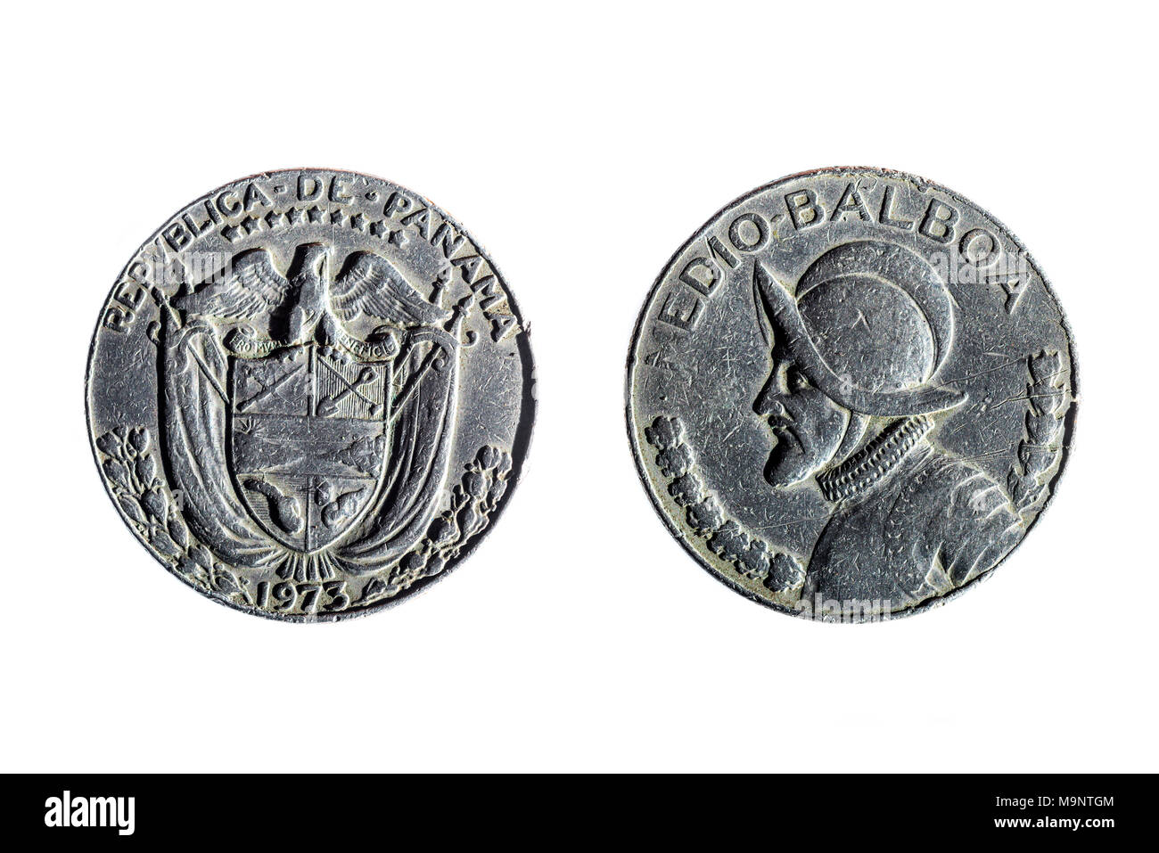 front and back of panamanian coin of half balboa on white background Stock Photo