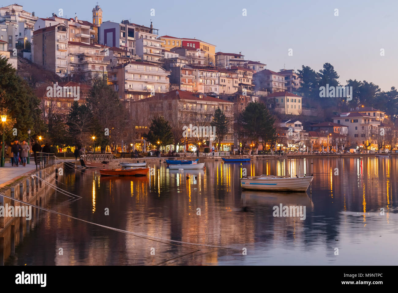 Kastoria city lake low light with reflections Stock Photo