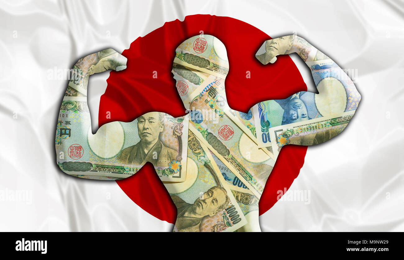 Abstract business background. Concept of powerful Japanese YEN. Japan flag and bodybuilder shaped JPY currency. Financial concept about exchange rate of Japanese currency. Stock Photo