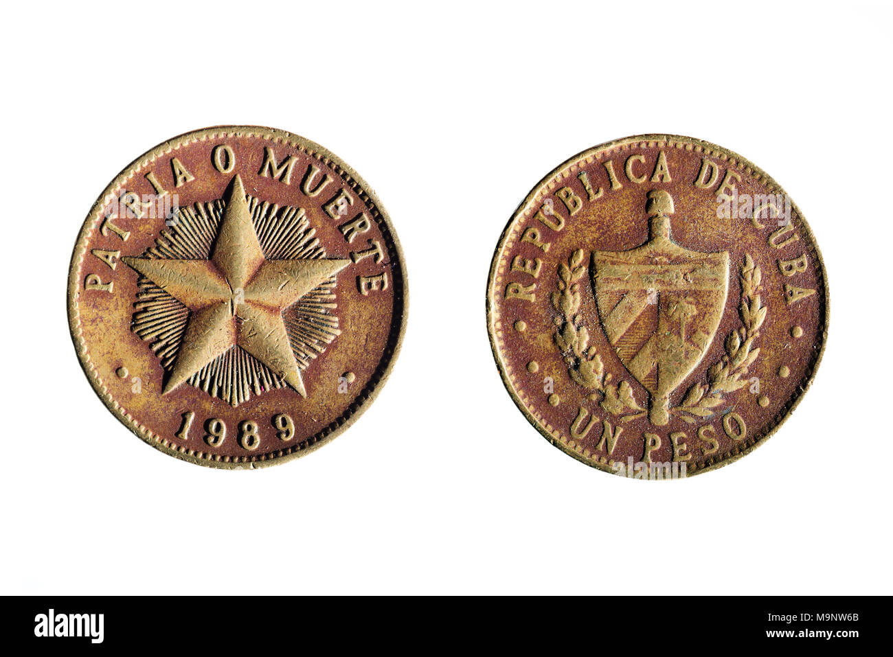 front and back of a cuban peso on white background Stock Photo