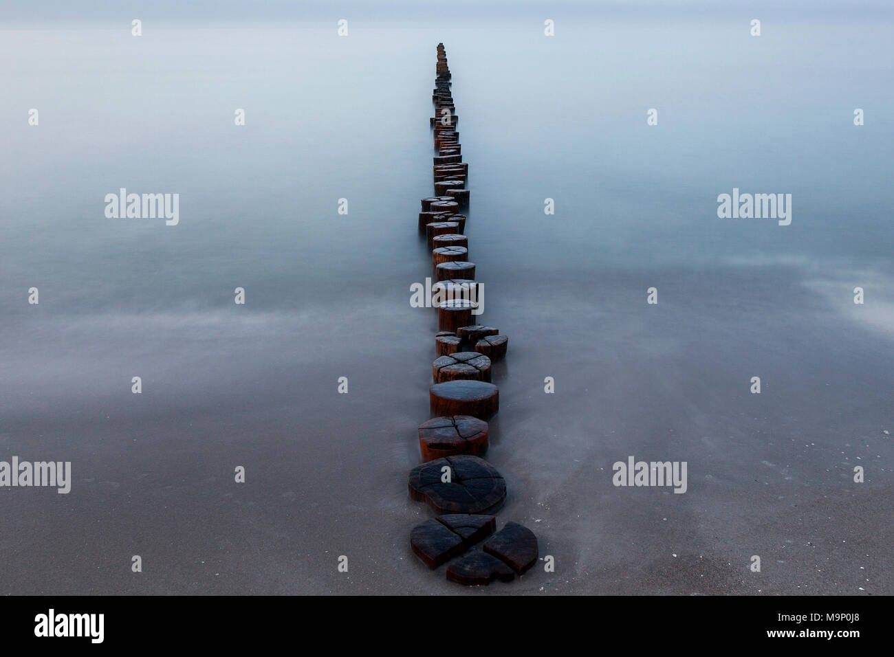 Groynes, wooden stages, long time exposure, Zingst, Fischland-Darß-Zingst, Western Pomerania Lagoon Area National Park Stock Photo