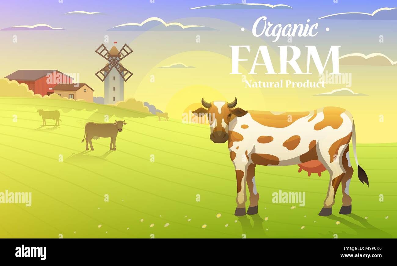 Rural landscape and cows. Farm Agriculture. Vector illustration. Poster ...