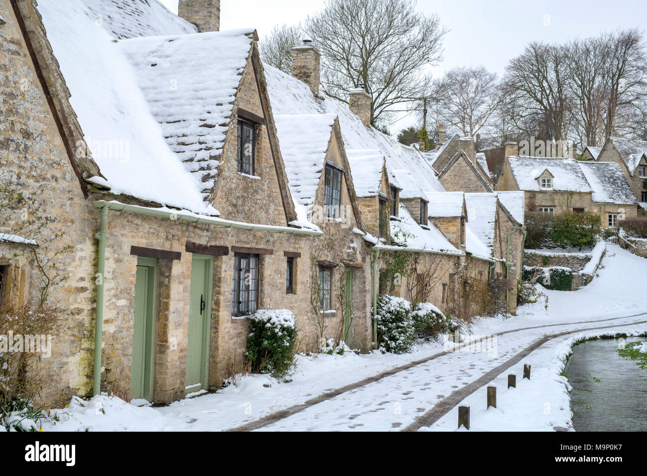 Arlington Row in the winter snow. Bibury Cotswolds