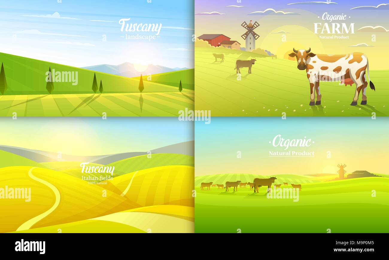 Rural landscape and cows. Farm Agriculture. Vector illustration. Poster ...