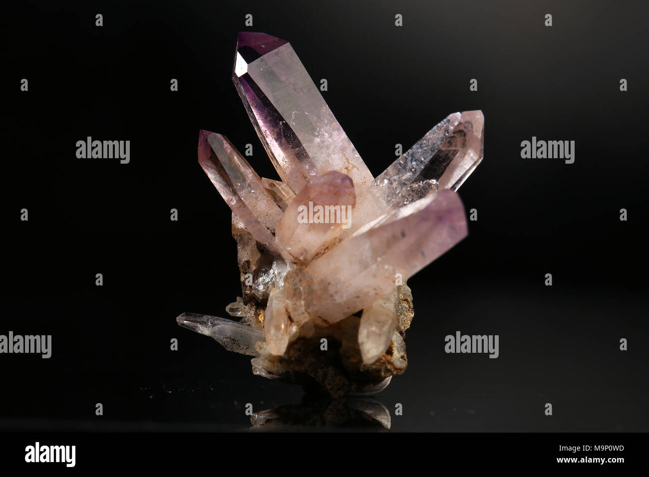 Amethyst geode on black background. Beautiful natural crystals gemstone. Extreme close up macro shot. Stock Photo