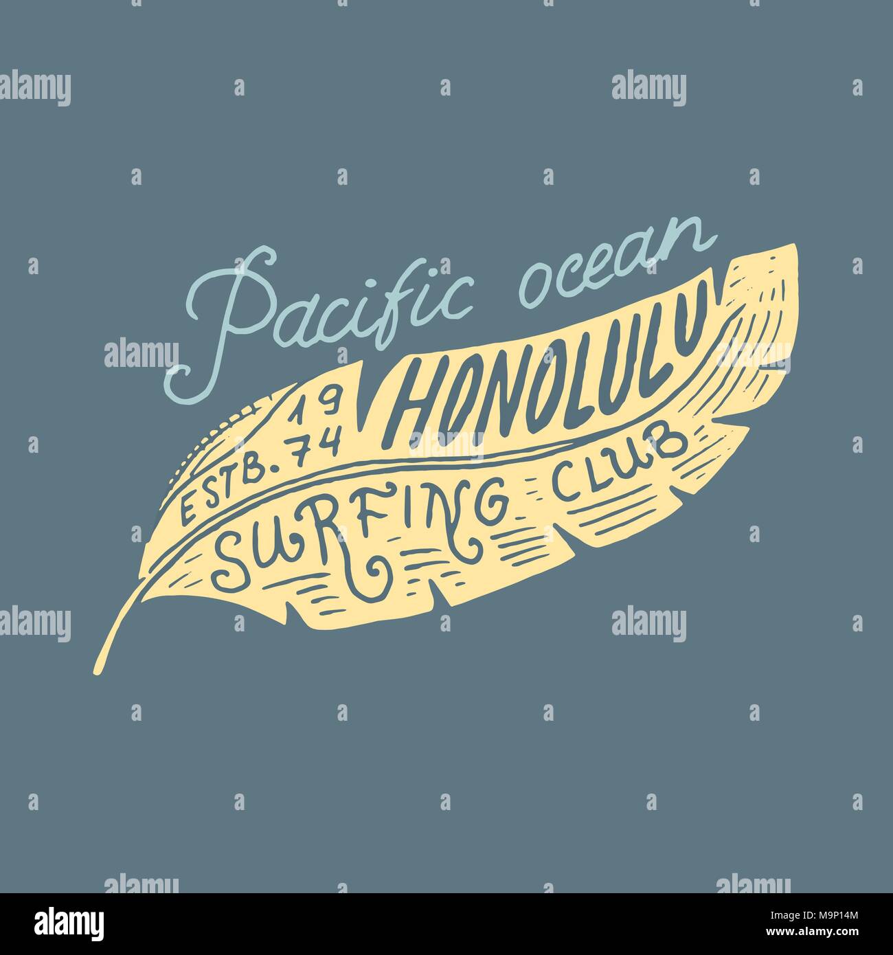 Surf badge and wave, palm tree and ocean. vintage retro background ...