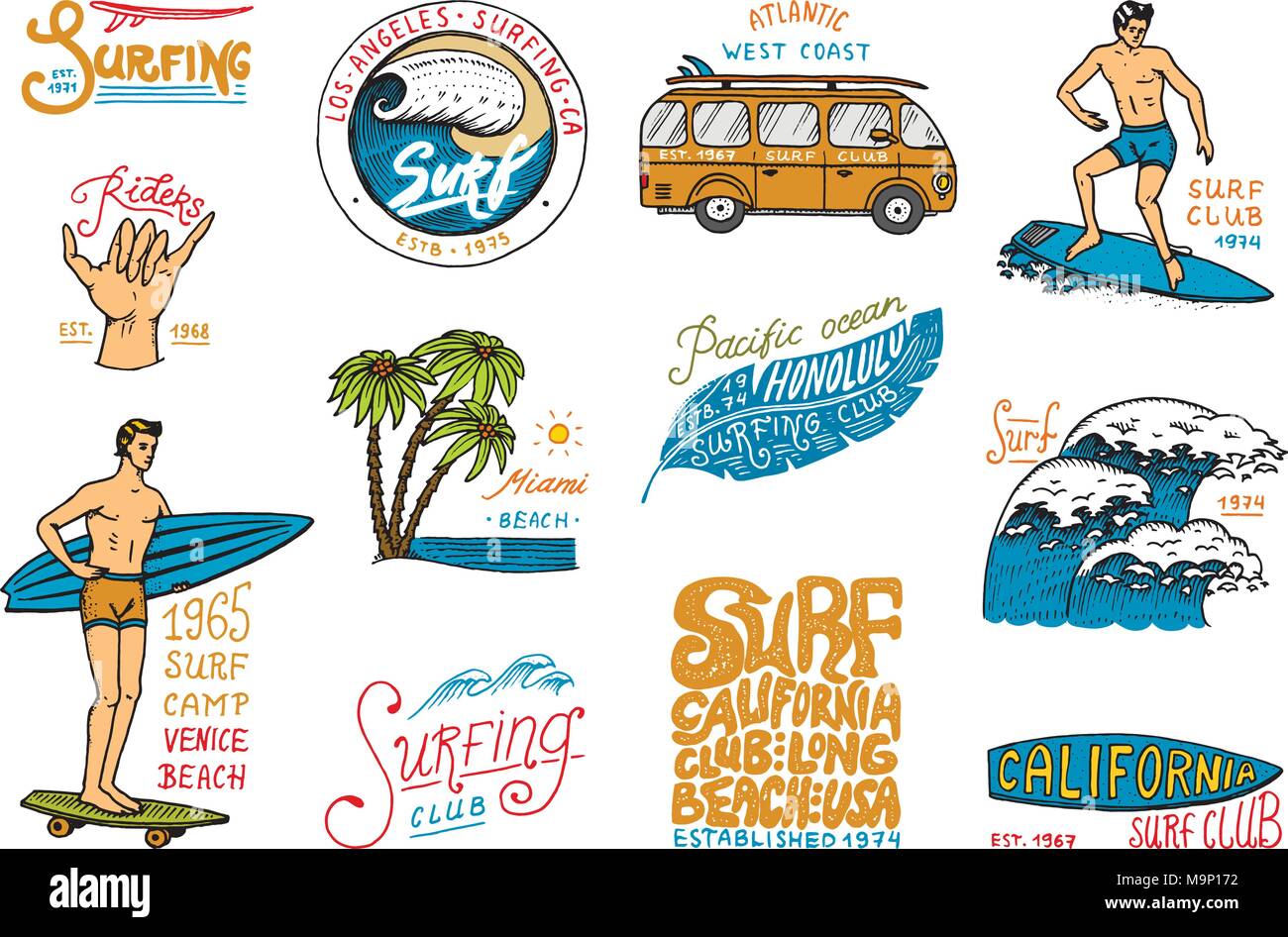 Surf badge and wave, palm tree and ocean. tropics and california. man ...