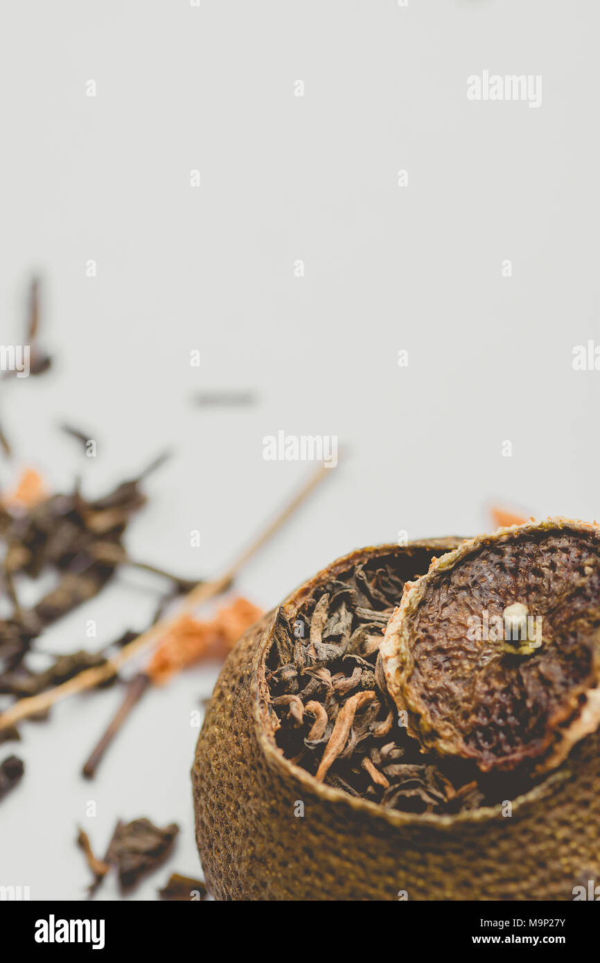Aged Fermented Black Chinese Puer Tea in Tangerine Peel with Lid. White