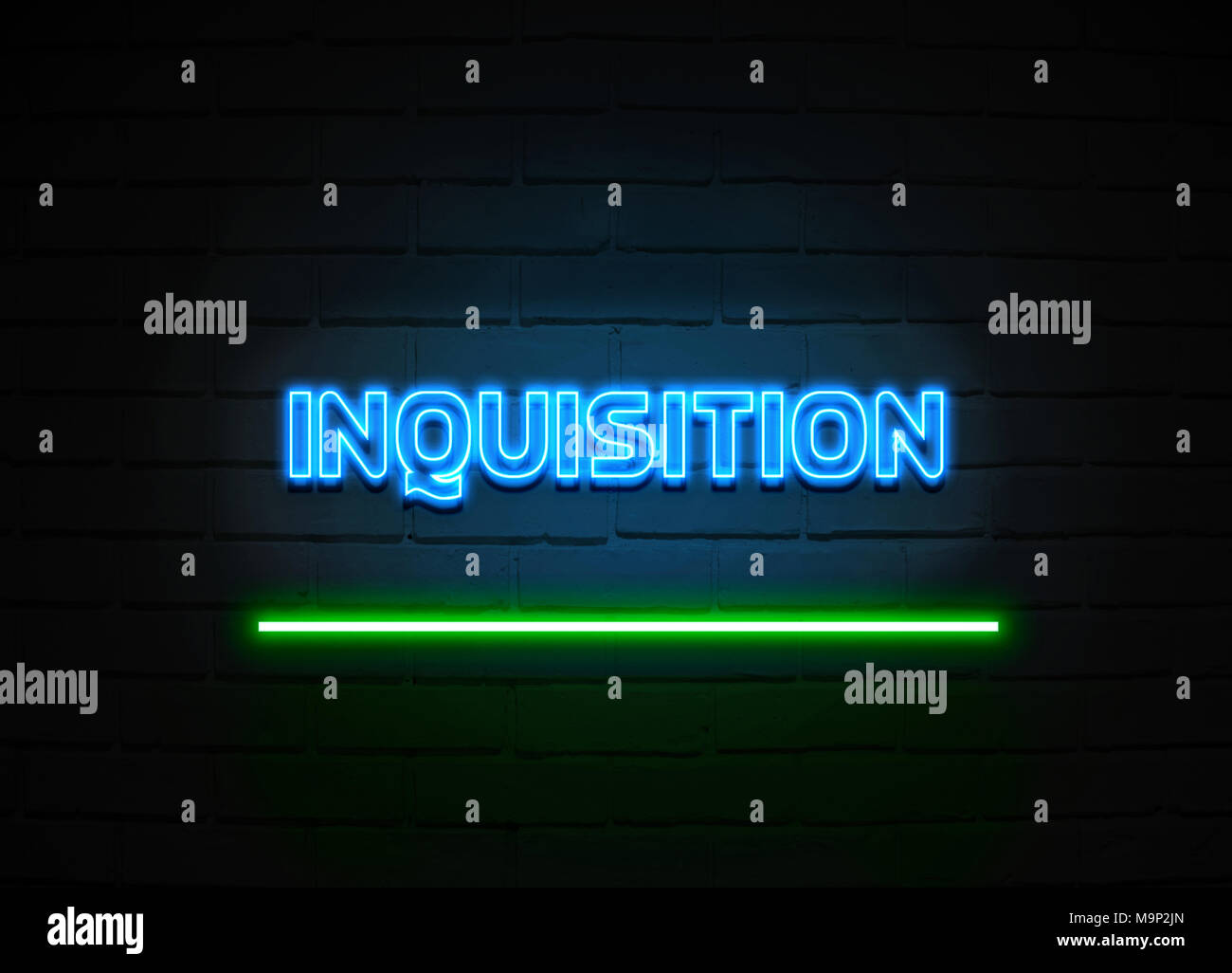 Inquisition neon sign - Glowing Neon Sign on brickwall wall - 3D rendered royalty free stock illustration. Stock Photo
