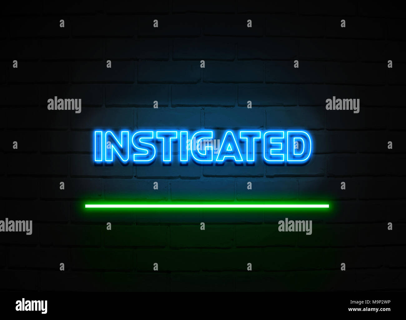 Instigated neon sign - Glowing Neon Sign on brickwall wall - 3D rendered royalty free stock illustration. Stock Photo