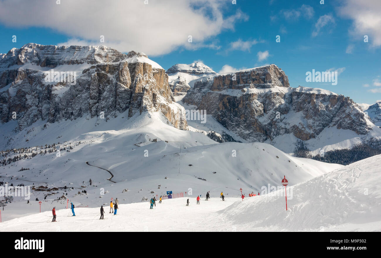 Sellaronda ski area in front of the Sella massif, Selva di Val Gardena, Dolomites, South Tyrol, Alto Adige, Italy Stock Photo