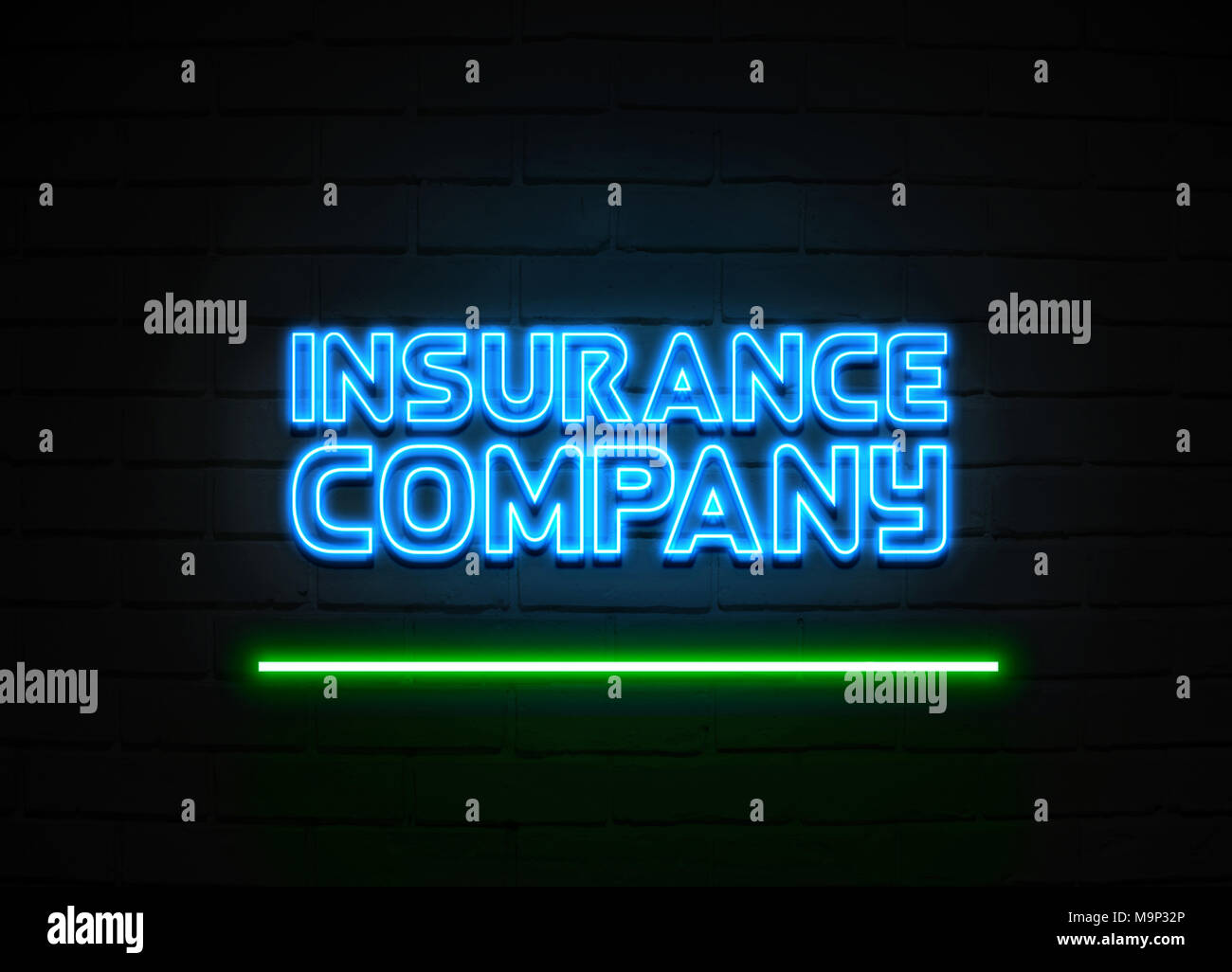 Insurance Company neon sign Glowing Neon Sign on brickwall wall 3D