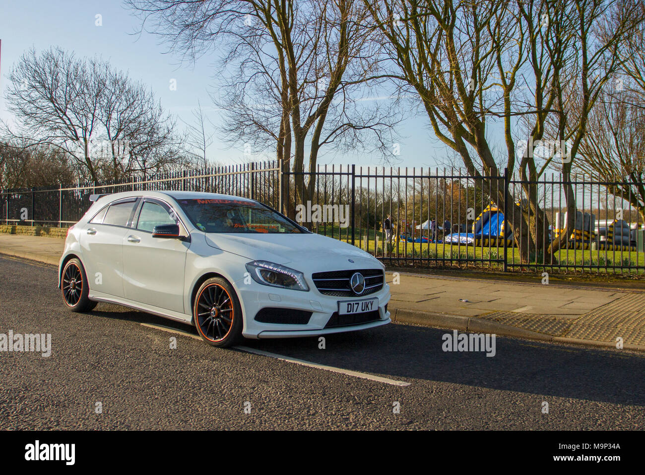 2017 white Mercedes Benz A200 AMG sport at the North-West Supercar event as cars and tourists arrive in the coastal resort.  SuperCars are bumper to bumper on the seafront esplanade as classic & sports car enthusiasts enjoy a motoring day out. Stock Photo