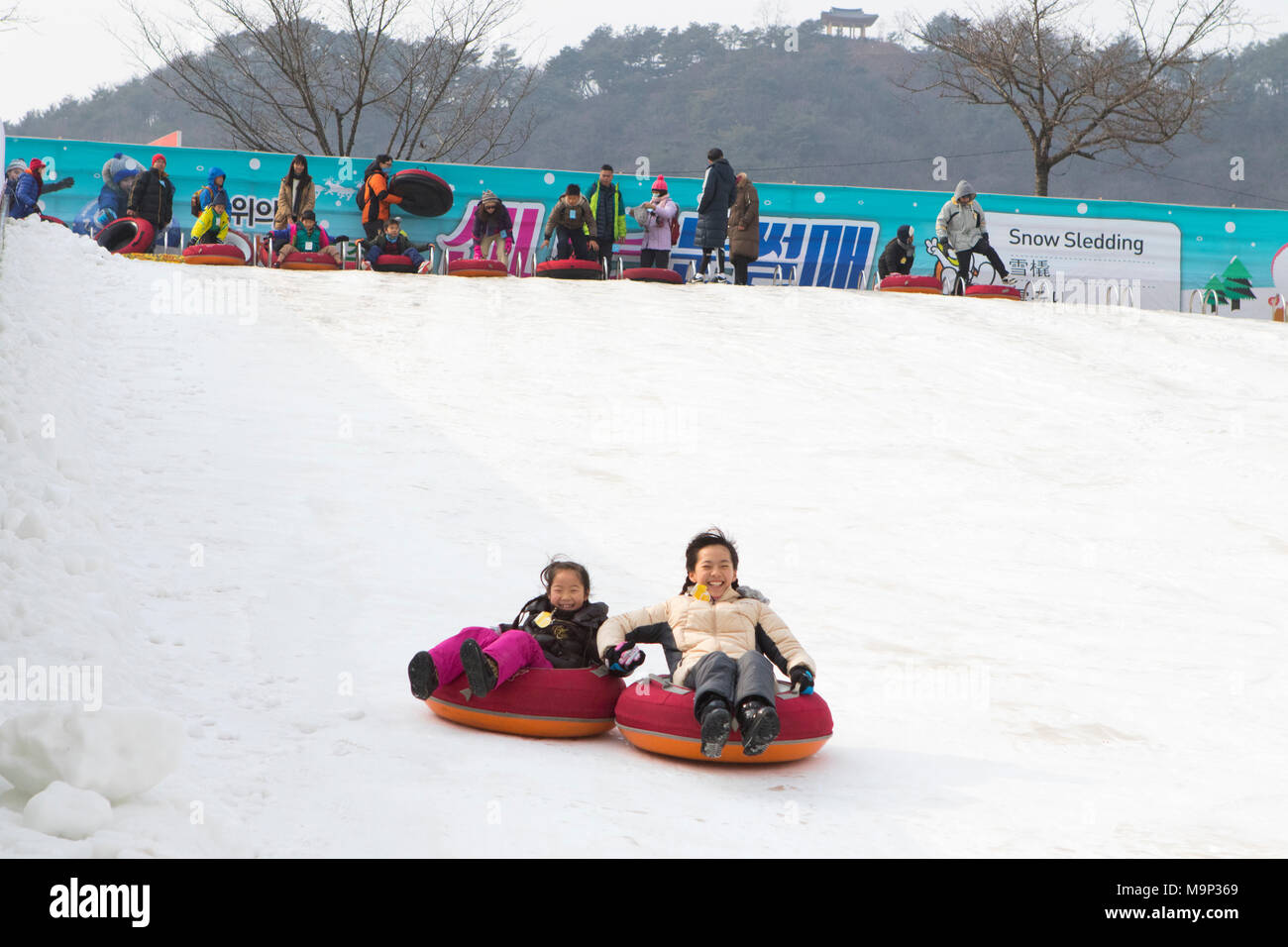 An Asian woman and her daughter are having fun sledding down a steep ice slope.   The Hwacheon Sancheoneo Ice Festival is a tradition for Korean people. Every year in January crowds gather at the frozen river to celebrate the cold and snow of winter. Main attraction is ice fishing. Young and old wait patiently over a small hole in the ice for a trout to bite. In tents they can let the fish grilled after which they are eaten. Among other activities are sledding and ice skating.  The nearby Pyeongchang region will host the Winter Olympics in February 2018. Stock Photo