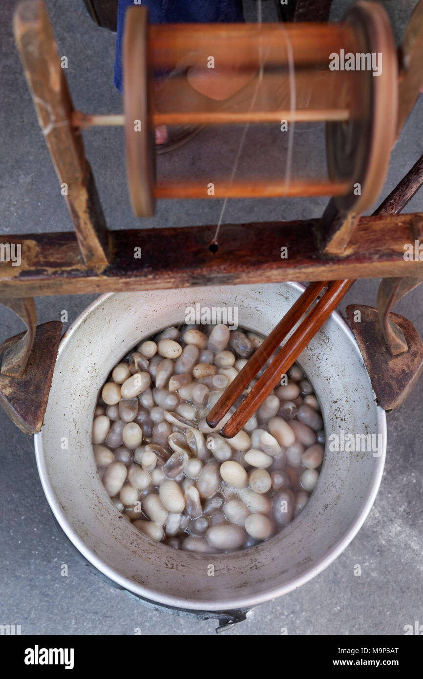 Cooking silkworm cocoons, traditional silk production, Jim Thompson House, Museum, Pathum Wan, Bangkok, Thailand Stock Photo