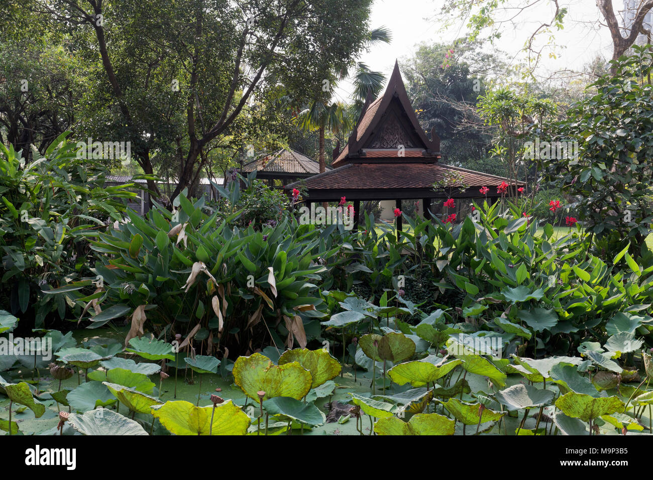 Garden with Thai wooden pavilion, M. R. Kukrit's House, Museum, Sathorn, Bangkok, Thailand Stock Photo