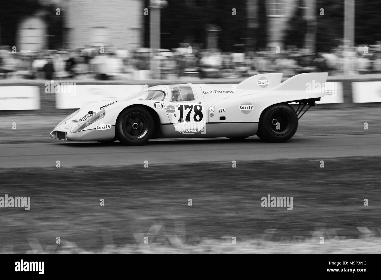 Gulf Porsche 917 K (917K). Chassis 917-026 racing at Goodwood. Porsche 917 gave Porsche their first wins at Le Mans 24 Hours in 1970 and 1971. Stock Photo