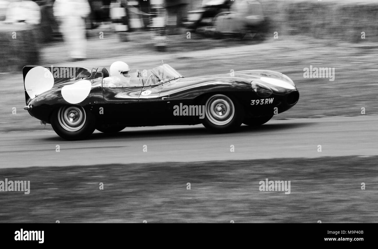 1955 Jaguar D-Type racing car racecar driving fast Stock Photo