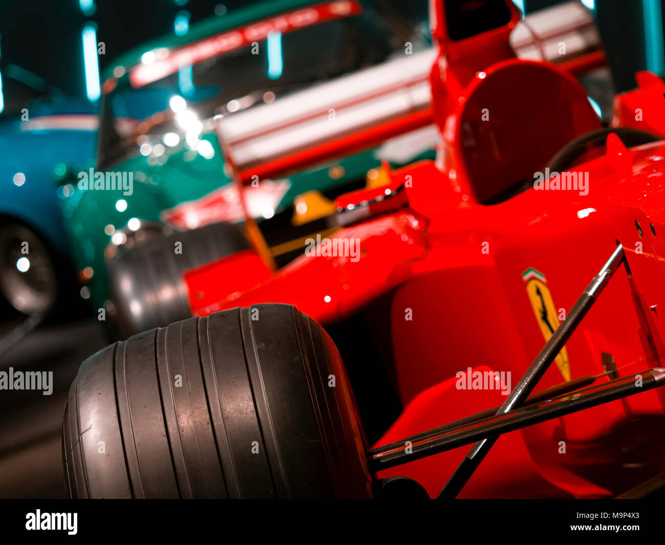 Detail of Old and New Ferrari cars, Ferrari is an Italian Sports Car manufacturer founded in Italy 1947. Stock Photo