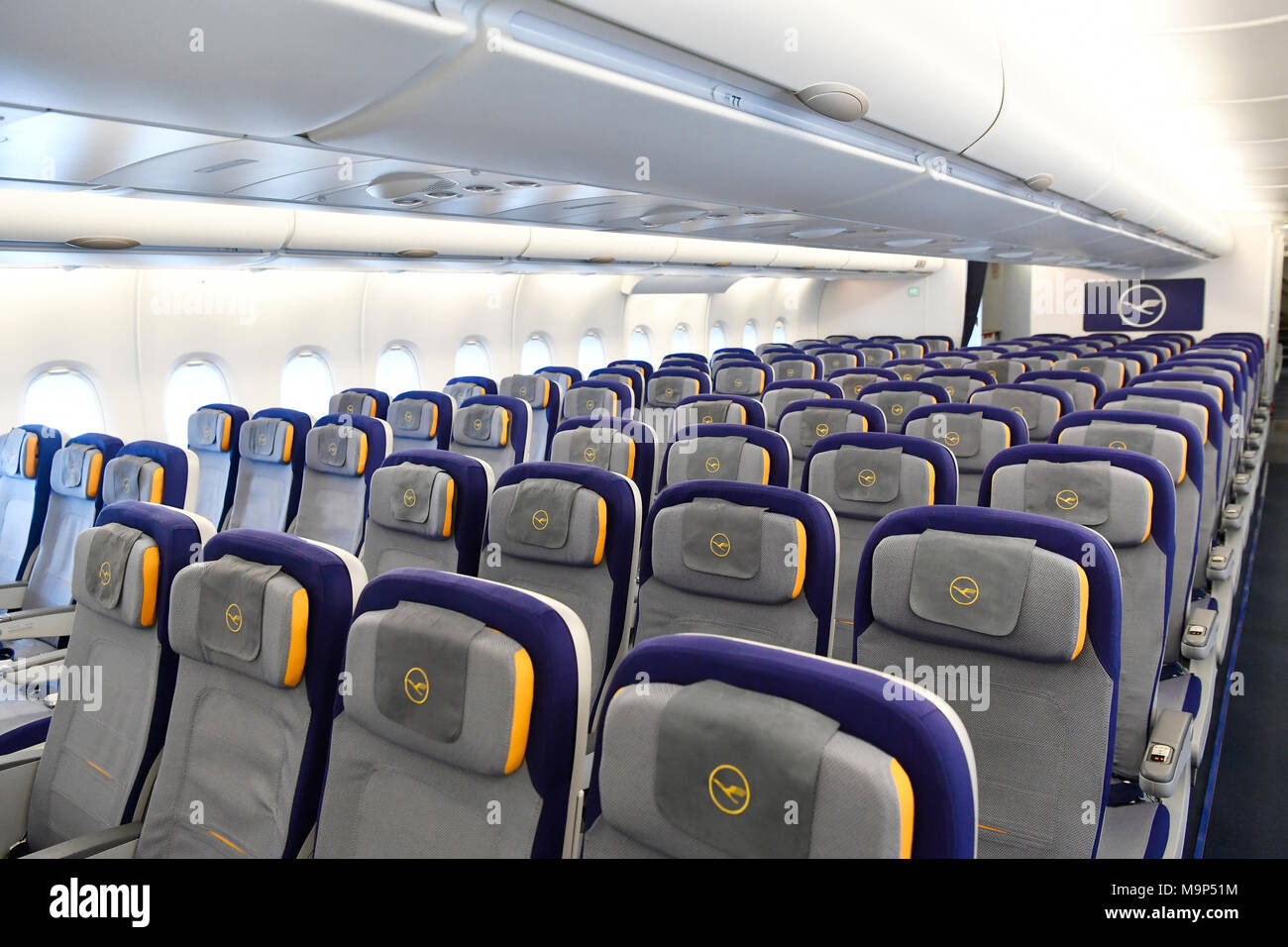 Economy Class, lower deck, cabin, Airbus, A380-800, Lufthansa Stock Photo