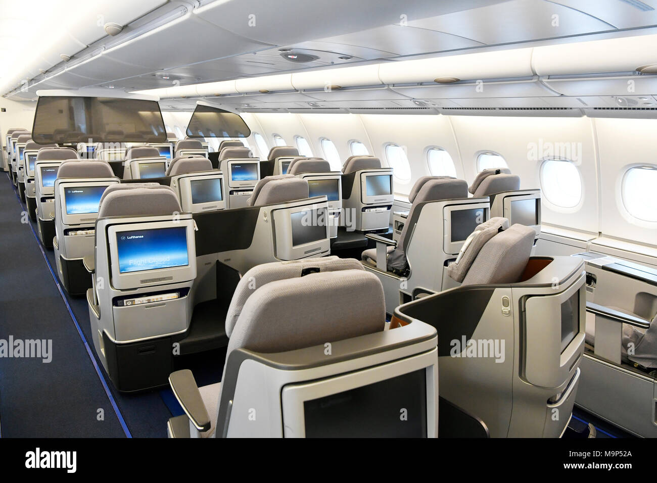 Business Class, upper deck, cabin, Airbus, A380-800, Lufthansa Stock Photo