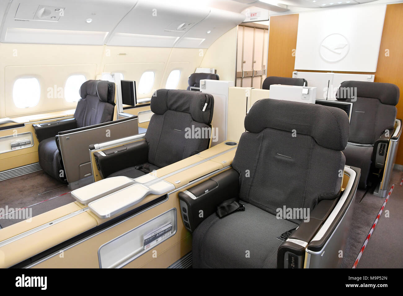 First Class, upper deck, cabin, Airbus, A380-800, Lufthansa Stock Photo