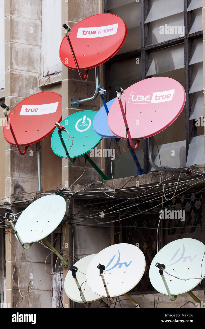 Colourful satellite dishes on a building, Bang Rak, Bangkok, Thailand