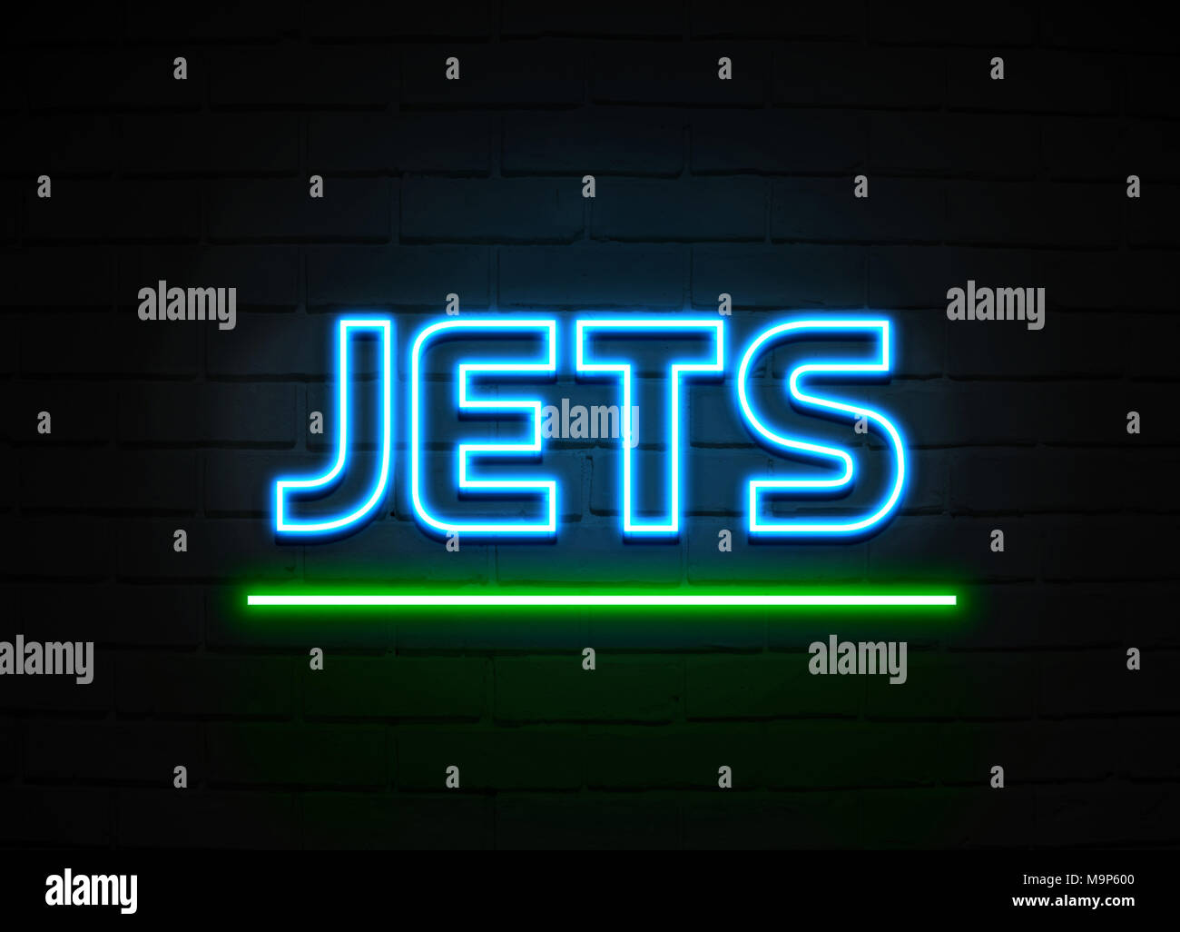 Jets neon sign - Glowing Neon Sign on brickwall wall - 3D rendered royalty free stock illustration. Stock Photo