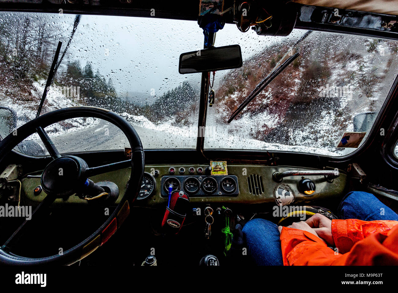 View from truck in Carpathian Mountains, Ukraine Stock Photo