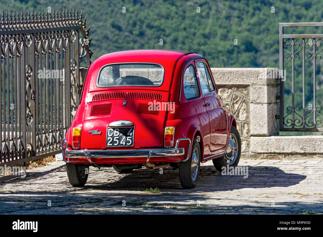Red FIAT Nuova 500 L, Cinquecento, Oldtimer, Molise, Italy Stock Photo