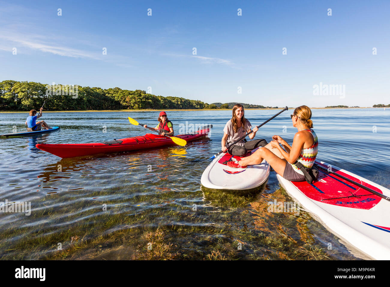 Women standing up paddle boarding and kayaking on Essex River at Cox Reservation in Essex, Massachusetts Stock Photo