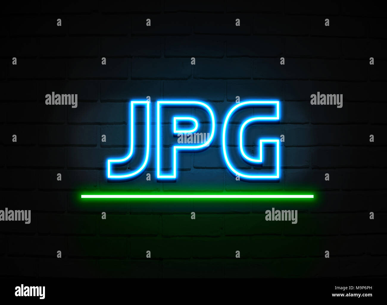 Jpg neon sign - Glowing Neon Sign on brickwall wall - 3D rendered royalty free stock illustration. Stock Photo