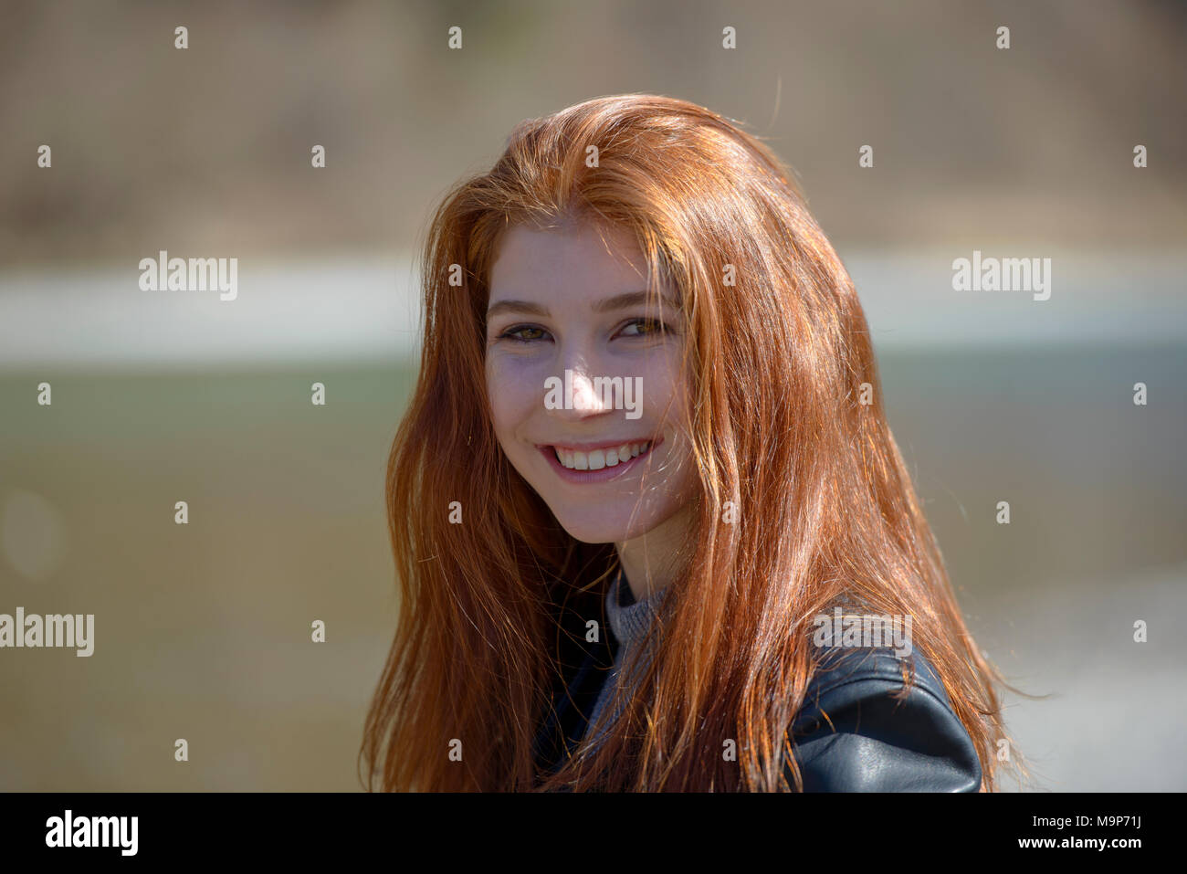 Portrait, young woman, girl, teenager with long red hair, Bavaria, Germany Stock Photo