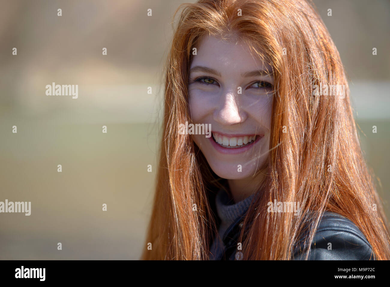 Portrait, young woman, girl, teenager with long red hair, Bavaria, Germany Stock Photo