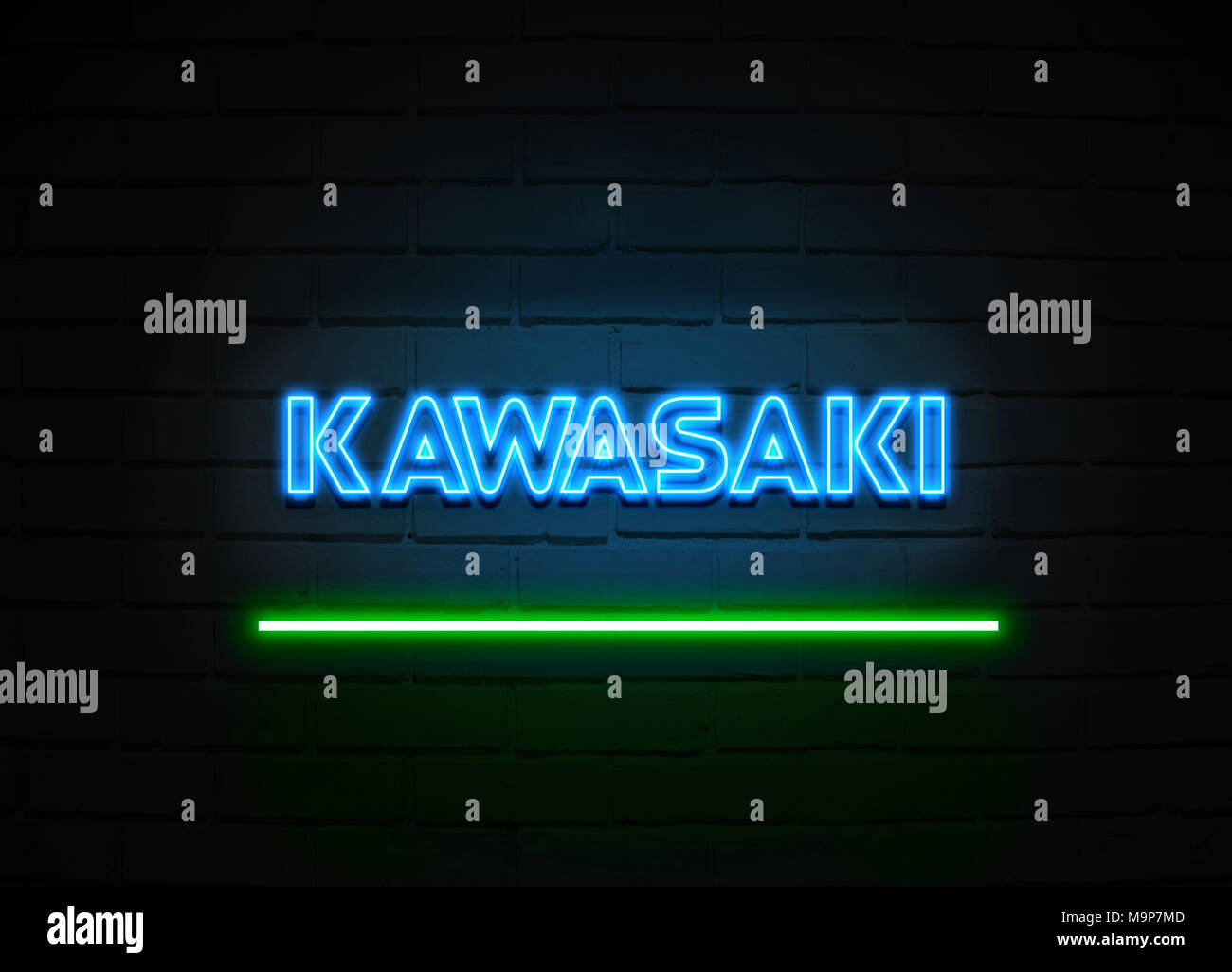 Kawasaki neon sign - Glowing Neon Sign on brickwall wall - 3D rendered
