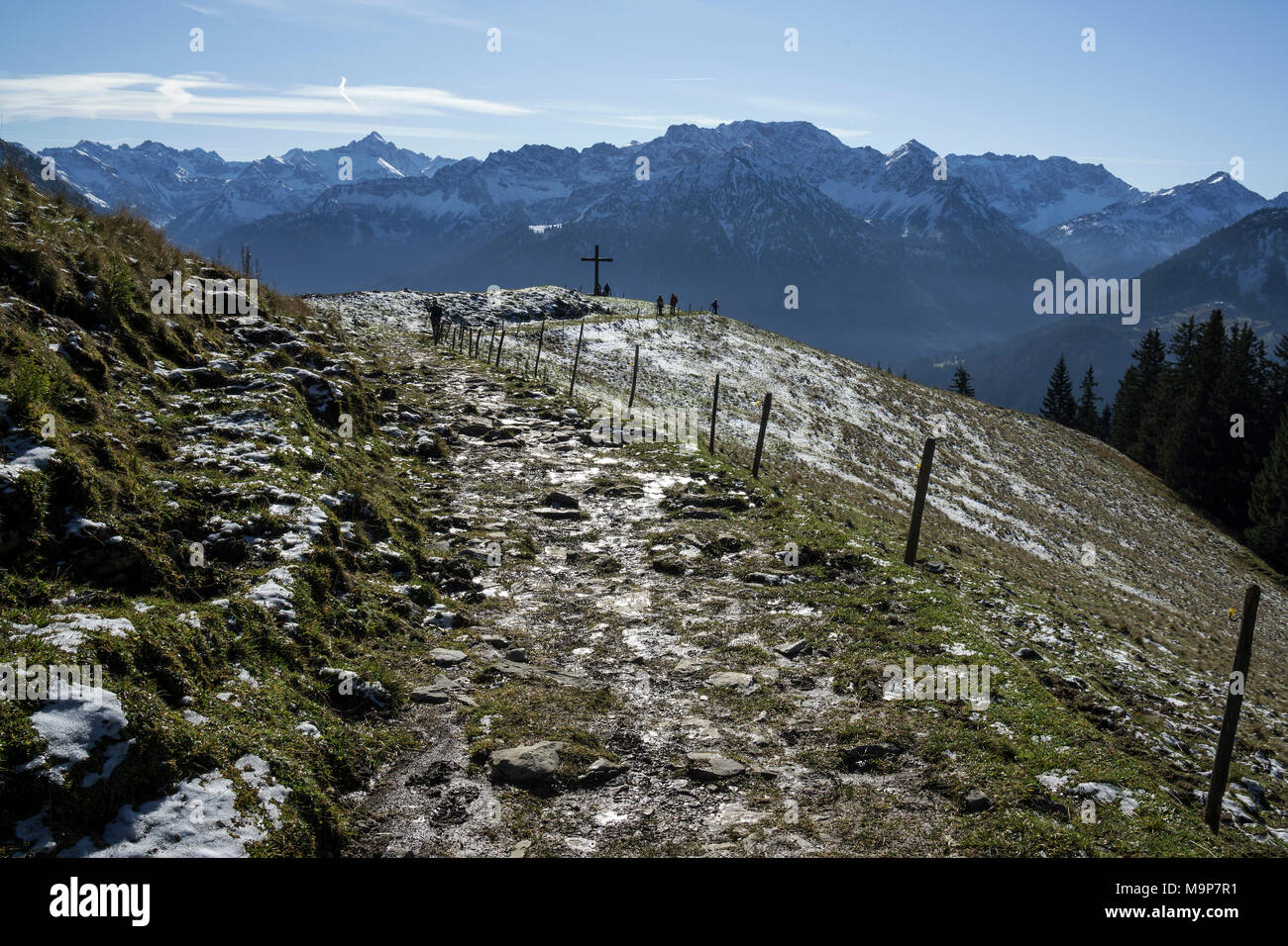Hiking trail from Hirschalpe to Spieser, in the back snow-covered Allgäu Alps, Oberjoch, Bad Hindelang, Allgäu, Bavaria Stock Photo