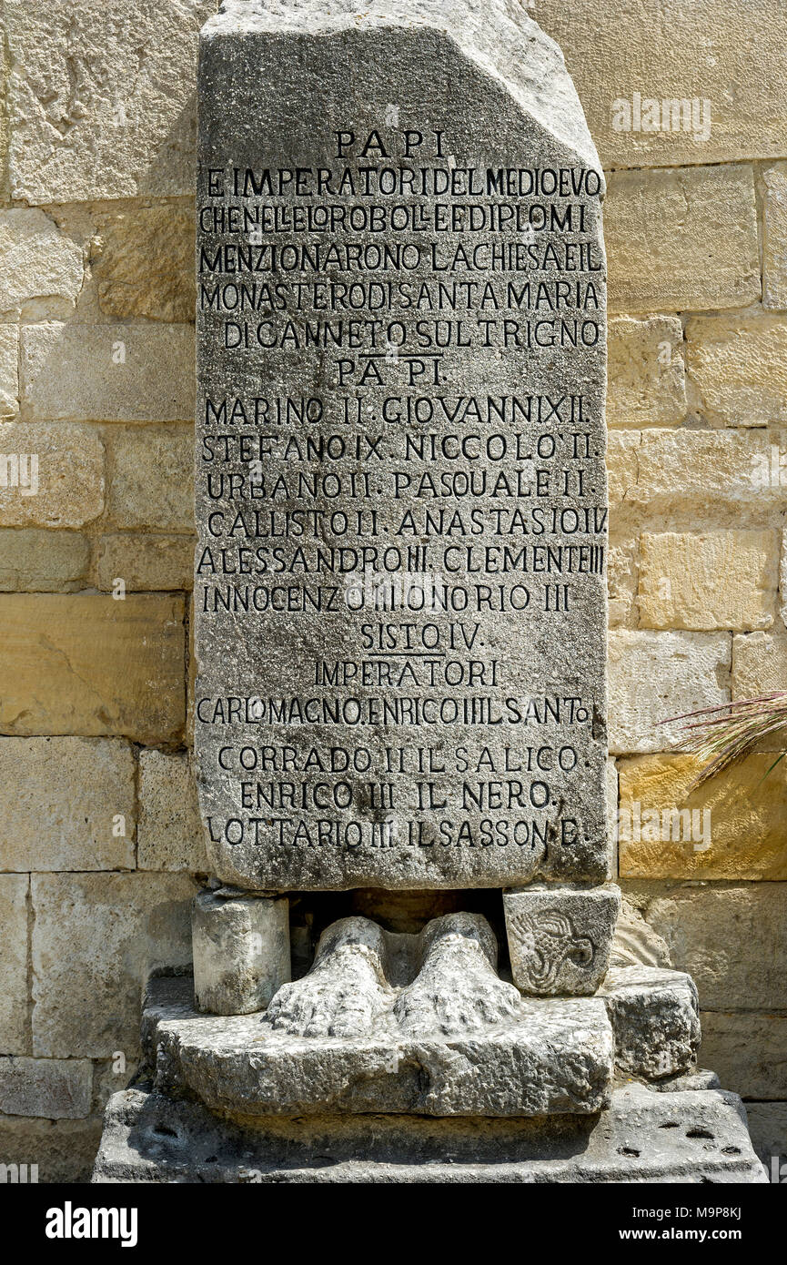 Memorial stone of various Popes at the portal of the pilgrimage church, Chiesa Santa Maria del Canneto, pilgrimage site Stock Photo
