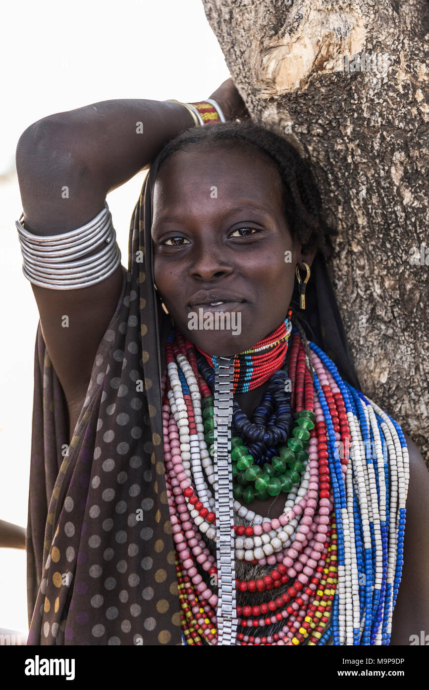 Married young woman with necklace of Arbore tribe, portrait, Turmi, Southern Nations Nationalities and Peoples' Region, Ethiopia Stock Photo