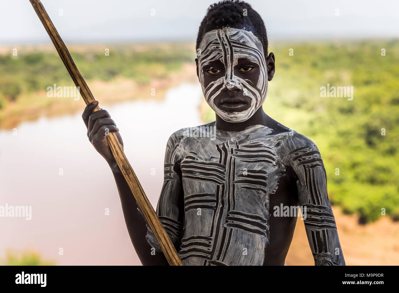 Boy from the Karo tribe, about 12 years, with body painting, Omo River, Southern Nations Nationalities and Peoples' Region Stock Photo