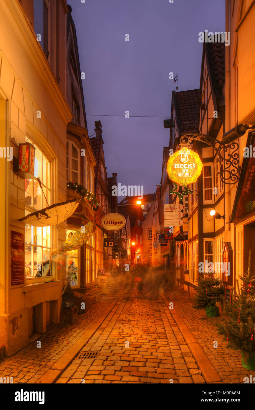 Houses and shops with Christmas lights at dusk, Schnoorviertel, Bremen, Germany Stock Photo Alamy