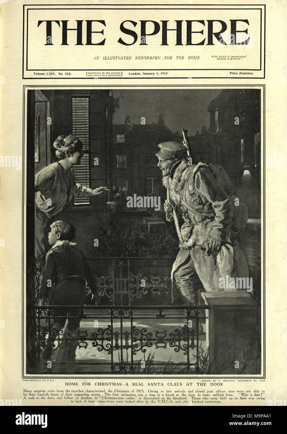 Frontpage of the Sphere newspaper for January 1, 1916. World War One Soilder returning home to his family for Christmas Stock Photo