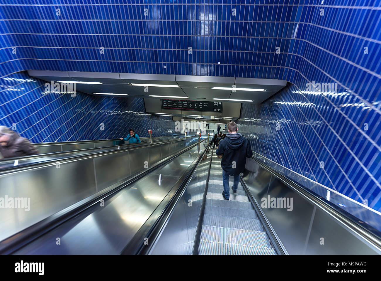 Escalators to Marienplatz underground station, Munich, Bavaria, Germany Stock Photo