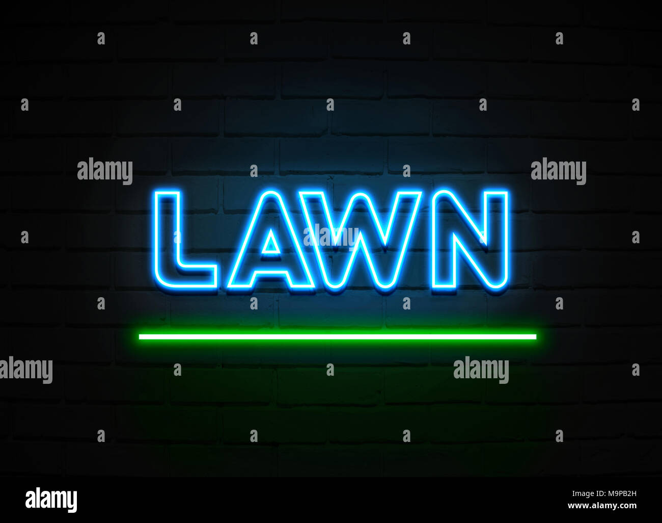 Lawn neon sign Glowing Neon Sign on brickwall wall 3D rendered