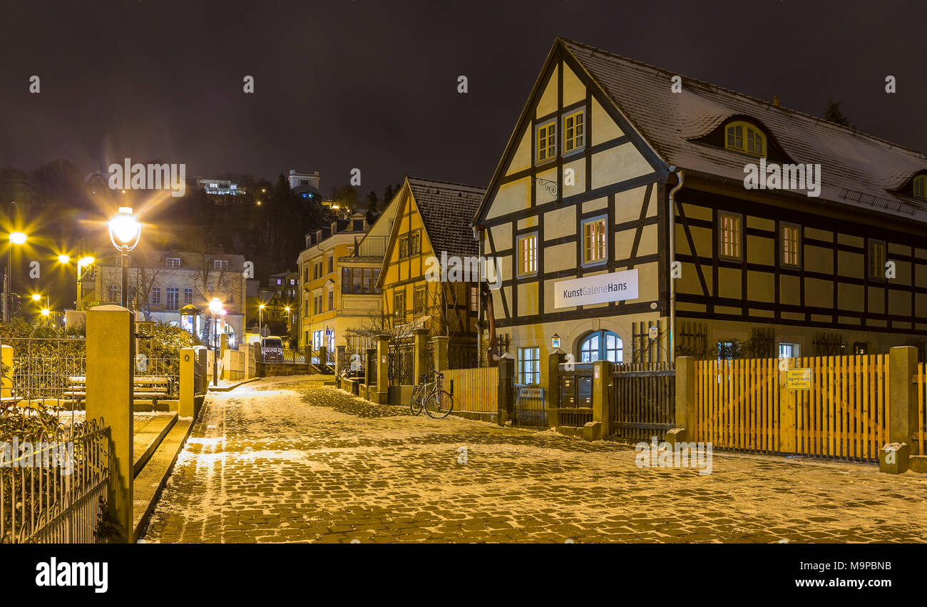 Historic half-timbered houses with street lighting in winter, Loschwitz, Dresden, Saxony, Germany Stock Photo