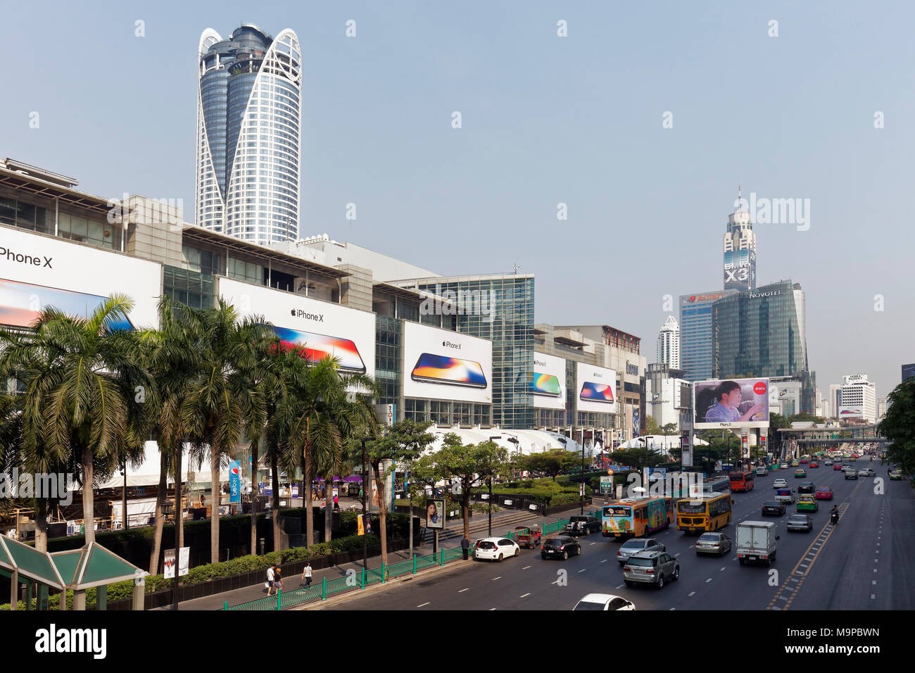 Car traffic on Ratchadamri Road, left Central World Shopping Center, Pathum Wan, Bangkok, Thailand Stock Photo